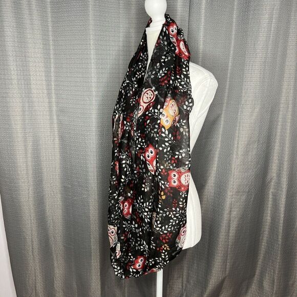 Owl Print Scarf  Soft Lightweight Sheer Infinity Wrap 100% Viscose Black & Red - Picture 5 of 7